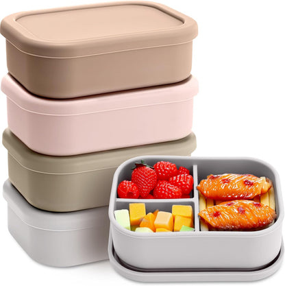 Honeydak 6 Pcs Silicone Bento Box Reusable Silicone Bento Lunch Container for Adults Microwave Dishwasher Freezer Safe 3 Compartment (Light Colors)