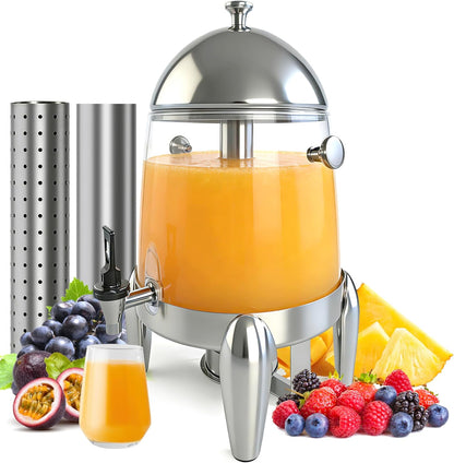 Beverage Dispenser with Stand, 3 Gallon Drink Dispenser for Parties,Events,Buffet &Self-Serve,Dual Ice Tube Core Fruit Infuser,Leakproof Spigot,Clear PC Container, Stainless Steel Lid&Base
