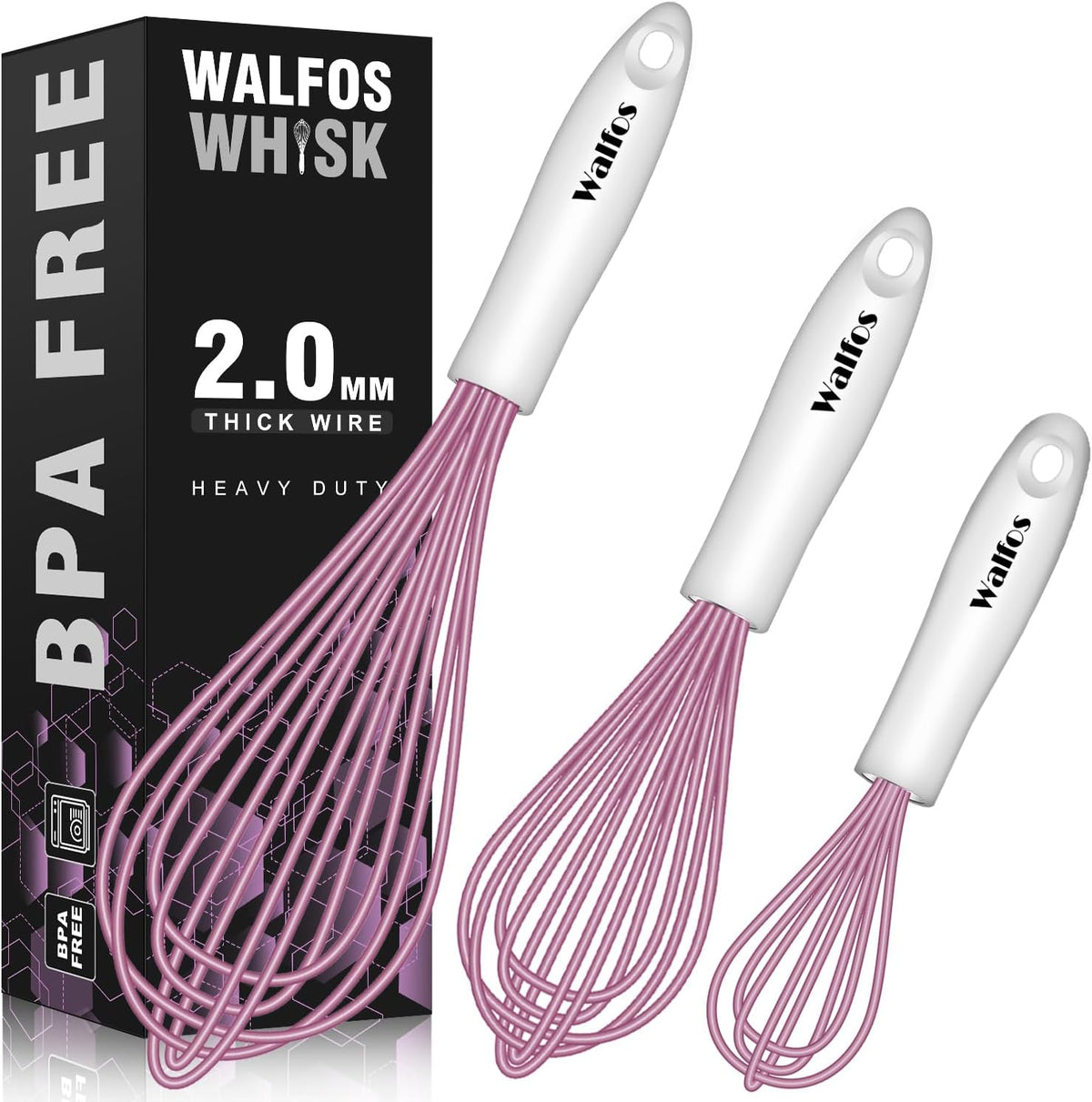 Walfos Silicone Whisk,Stainless Steel Wire Whisk -Heat Resistant 480°F Kitchen Whisks for Non-stick Cookware,Balloon Egg Beater Perfect for Blending,Whisking,Beating,Frothing & Stirring,Black
