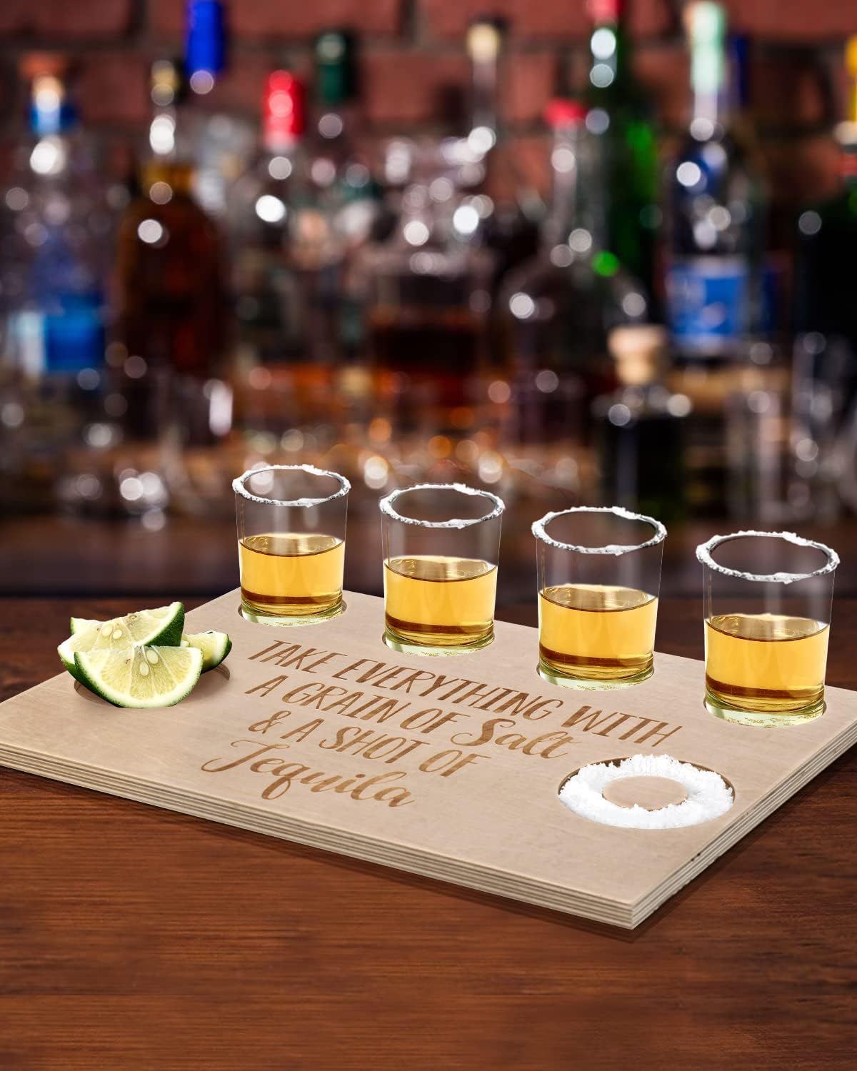 Tequila Gifts for Women and Men - Shot Board and Glass Holder Wooden Bar Tray with Salt Rim - for Liquor, Parties, Weddings, Housewarmings