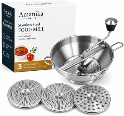 Food Mill Stainless Steel, 2 Qt Manual Food Mill with 3 Discs, Ergonomic Hand Crank, Baby Food Maker & Potato Ricer Stainless Steel for Tomato Sauce, Applesauce, Mashed Potatoes, Purees & canning