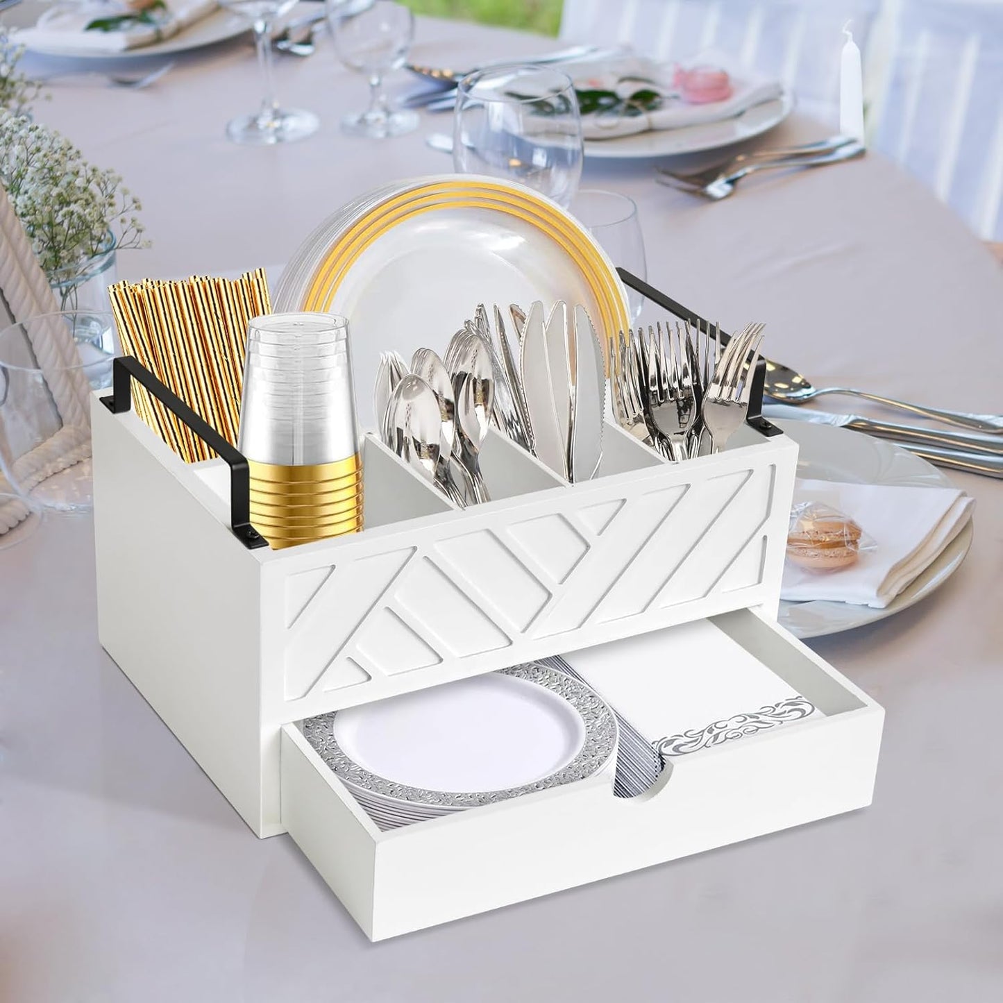 Paper Plate Dispenser with Drawer, Paper Plate Holder for Kitchen Counter, Wood Rustic Silverware Utensil Caddy, Cutlery Flatware Organizer for Cup Spoon Fork Plates Napkins, Black Kitchen Accessories