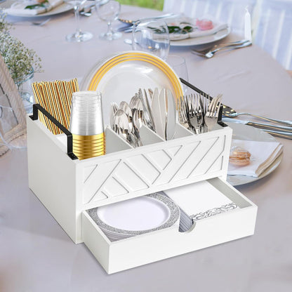 Paper Plate Dispenser with Drawer, Paper Plate Holder for Kitchen Counter, Wood Rustic Silverware Utensil Caddy, Cutlery Flatware Organizer for Cup Spoon Fork Plates Napkins, Black Kitchen Accessories