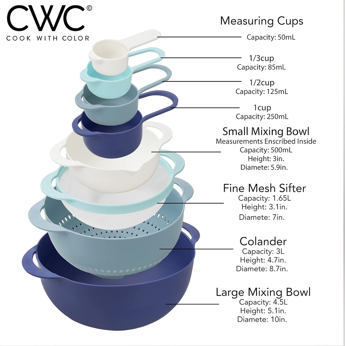 COOK WITH COLOR Nesting Bowls with Measuring Cups Colander and Sifter Set - Includes Mixing Bowls, Colander, Sifter and Measuring Cups, Navy, 8 Pc Bowl