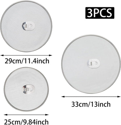 3 Pcs Splatter Screen for Frying Pan with Silicone Handle (9.8", 11.4", 13"), Stainless Steel Grease Splatter Guard for Kitchen Frying Pan Cooking to Prevent Oil Splatters