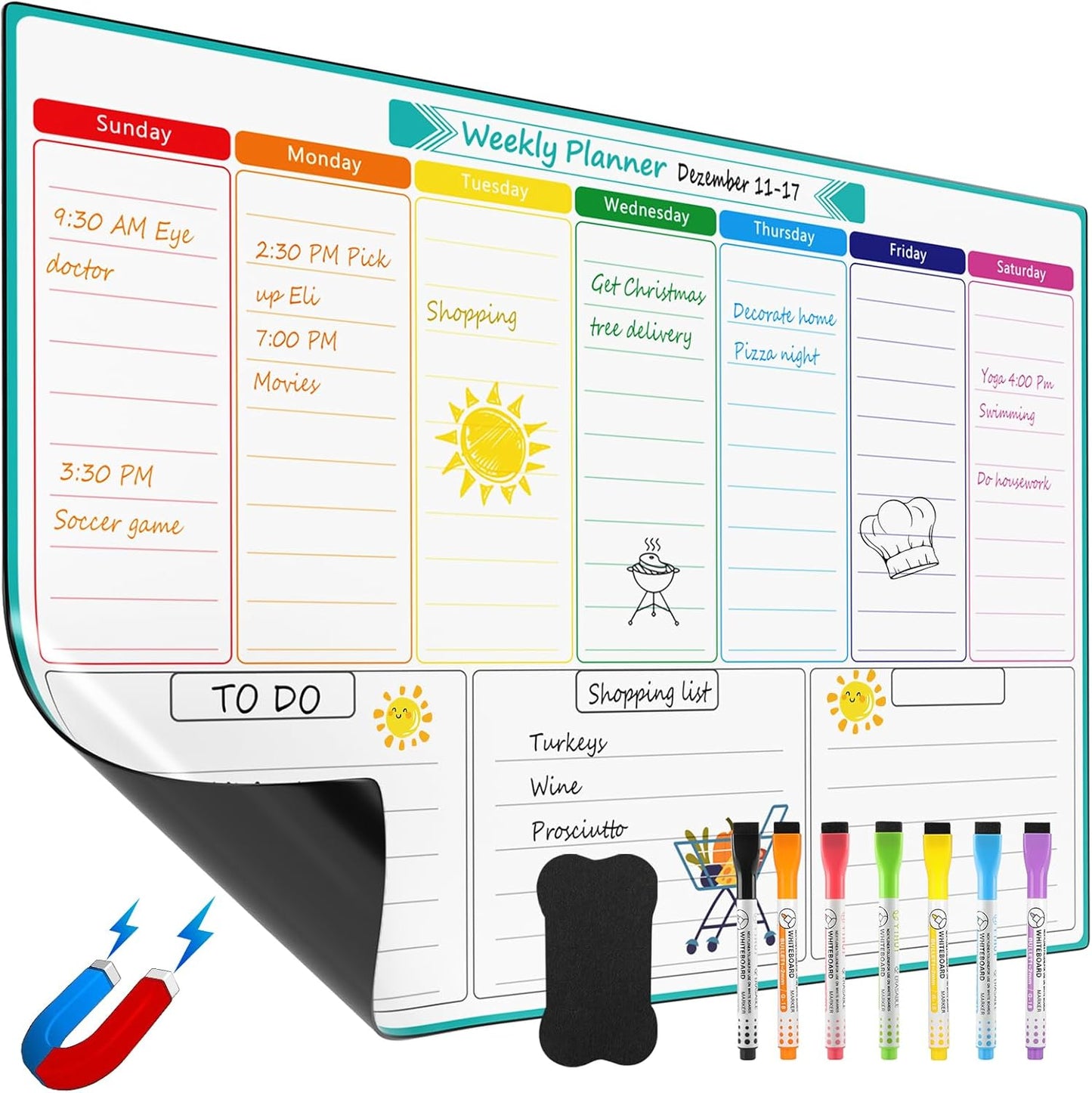 MaxGear Black Weekly Dry Erase Board,16"x12" Magnetic Whiteboard Meal Planner Blackboard for Fridge, Chalkboard Calendar Menu Planning Board Notepad for Kitchen with 7 Markers and 1 Eraser