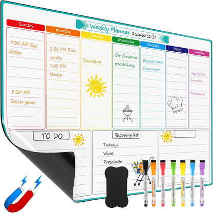 MaxGear Black Weekly Dry Erase Board,16"x12" Magnetic Whiteboard Meal Planner Blackboard for Fridge, Chalkboard Calendar Menu Planning Board Notepad for Kitchen with 7 Markers and 1 Eraser