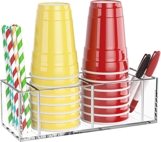KOTEMON Cup Holder with Marker Slot - Mark Your Cup and Drink Up Countertop Double Cup Holder Organizer Compatible with Solo Cup, Party Decoration Bathroom Kitchen Bar Picnic Gathering, Clear Acrylic