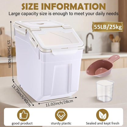 Sunnyray 4 Pcs 55 lbs Grain Rice Storage Container Flour Bin with Wheels Cup Leak Proof Pet Food Storage Boxes Seal Locking Lid Plastic Rice Containers Set for Cereal Flour Cat Dog Food (Green)