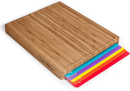Bamboo Cutting Board Set with 6 Color Coded Flexible Mats Food Icons, BPA-Free Non Slip Easy Clean Cutting Boards for Kitchen with Holder, Dishwasher Safe, Meal Prep & Serving, Large | Cooler Kitchen