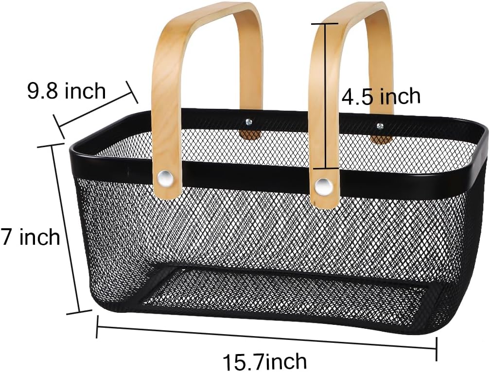 Portable Mesh Harvest Basket - Natural Bamboo Handle Foldable Organizer for Kitchen, Garden & Picnic | Ventilated Storage Bin with Rust-Proof Wire, Space-Saving Farmhouse Decor (Pink)