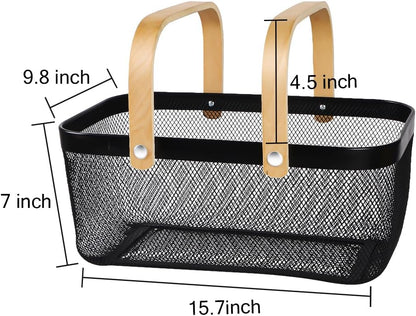 Portable Mesh Harvest Basket - Natural Bamboo Handle Foldable Organizer for Kitchen, Garden & Picnic | Ventilated Storage Bin with Rust-Proof Wire, Space-Saving Farmhouse Decor (Pink)
