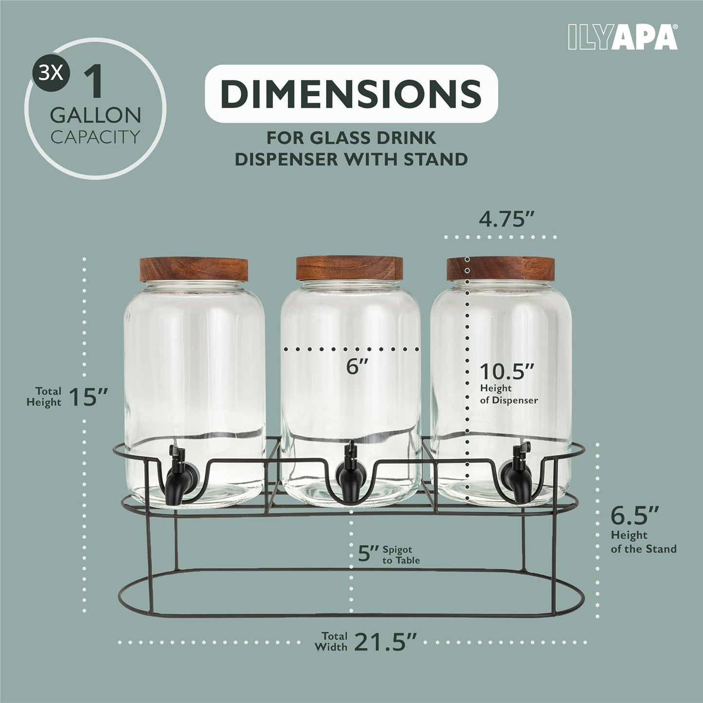 Ilyapa Glass Drink Dispensers for Parties with Stand - 2 Pack, 2 Gallon Double Beverage Dispenser with Wood Tops & Black Stainless Spigots