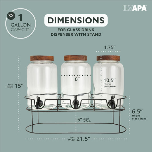 Ilyapa Glass Drink Dispensers for Parties with Stand - 2 Pack, 2 Gallon Double Beverage Dispenser with Wood Tops & Black Stainless Spigots