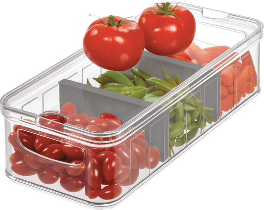 iDesign Large Fridge Organizer Bin with Removable Divider and Lid - Set of 3 - Clear/Gray