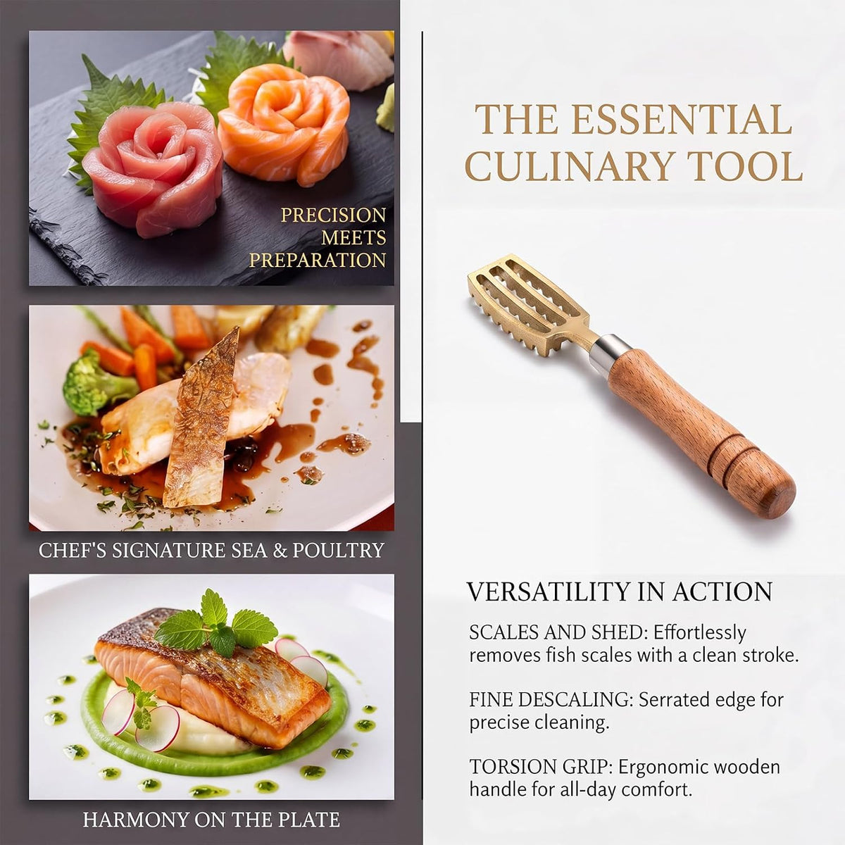 2 Pcs Brass & Wood Fish Scale Remover, Fish Cleaner Descaler Tool