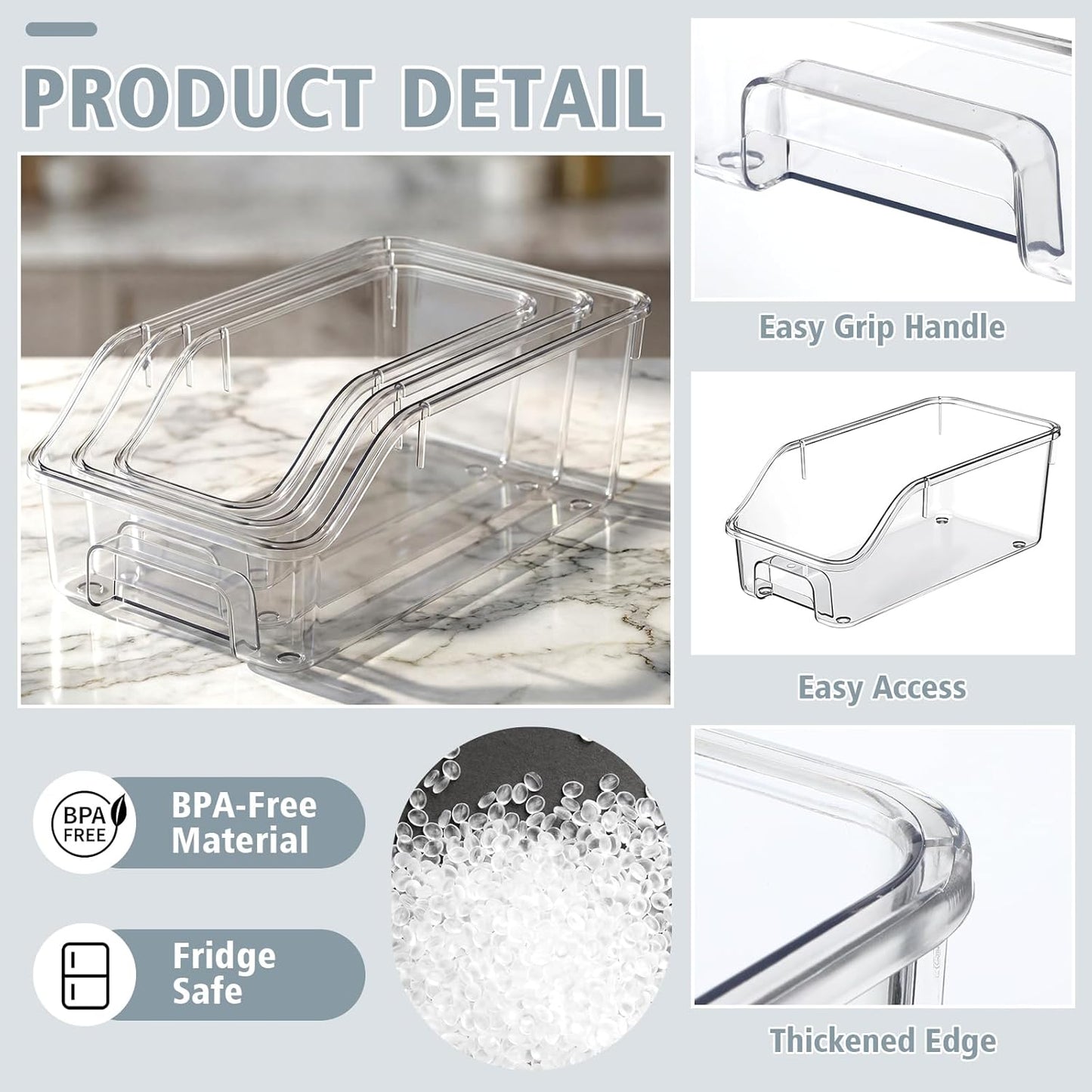 LemonRoad 6 Packs Pantry Organizers and Storage Freezer Clear Organizer Bins with Handle Acrylic Organization Bins Stackable Open Front Storage Vegetable Egg Salad Containers for Kitchen Cabinet