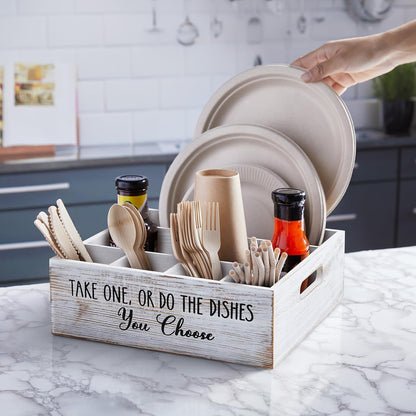 ALELION Acacia Wood Utensil Holder for Party - Paper Plate Organizer for Countertop - Silverware Caddy with 6 Compartments for Plate, Cup, Fork, Spoon - Cutlery Holder for Kitchen Camping Buffet