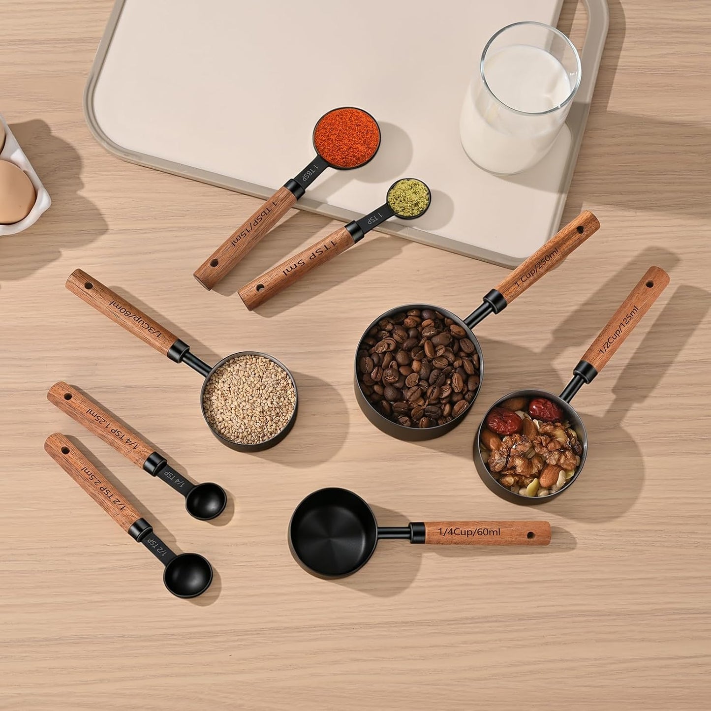 Wooden Handle Measuring Cups & Spoons Set 8-Piece – Stainless Steel, Stackable, Rustic Farmhouse Kitchen Gadgets, Non-Toxic, Dishwasher Safe, Gift for Bakers & New Homeowners.