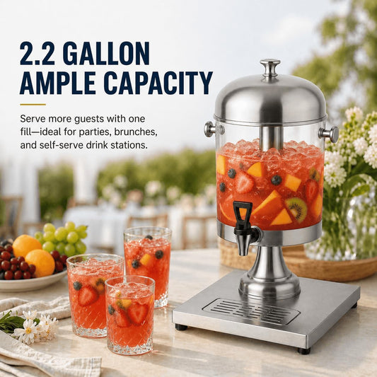 4.4 Gallon Beverage Dispenser with Ice Core | Stainless steel drink dispenser with stand and ice core for cold drinks, juice, lemonade, iced tea, parties, and events.
