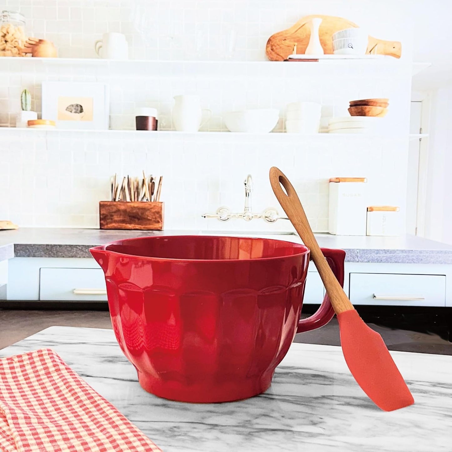 UP 4.3 Quart Latte Style Melamine Batter Bowl with Pour Spout and Handle, Professional Mixing Bowl with Non-Slip Base, Ideal for Pancake and Cake Batter, 11.5 x 8.75 Inch, Mint Blue
