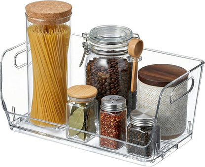 Basicwise 9-Inch Open-Front Clear Storage Bin with Easy-Grip Handle Stackable Transparent Plastic Organizer Container for Pantry Cabinet Refrigerator Drawers Closets and Shelf Organization, Medium