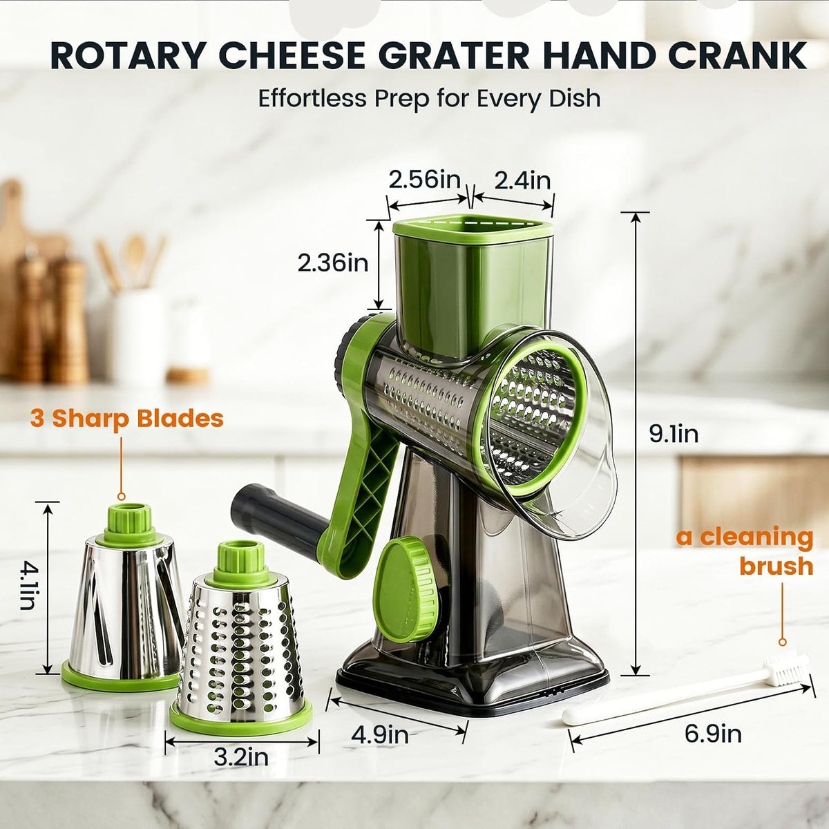 HANSGO Rotary Cheese Grater Hand Crank, Shredder Slicer Grinder, 3 Large Diameter Metal Blades & Cleaning Brush, Non-slip Suction Base, Labor-Saving Handle, Kitchen Gadgets for Cheese, Vegetable, Nuts