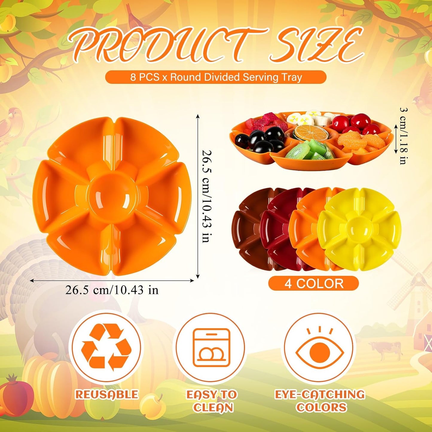 8 Pcs Thanksgiving Plates with Dividers Plastic Divided Snack Serving Tray 10.5 Inch Round 7 Compartments Chip Dip Platter Petal Shape Sectional Platter for Party Candy Nuts Fruits Veggies