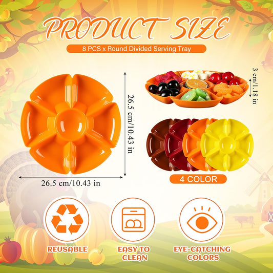 8 Pcs Thanksgiving Plates with Dividers Plastic Divided Snack Serving Tray 10.5 Inch Round 7 Compartments Chip Dip Platter Petal Shape Sectional Platter for Party Candy Nuts Fruits Veggies