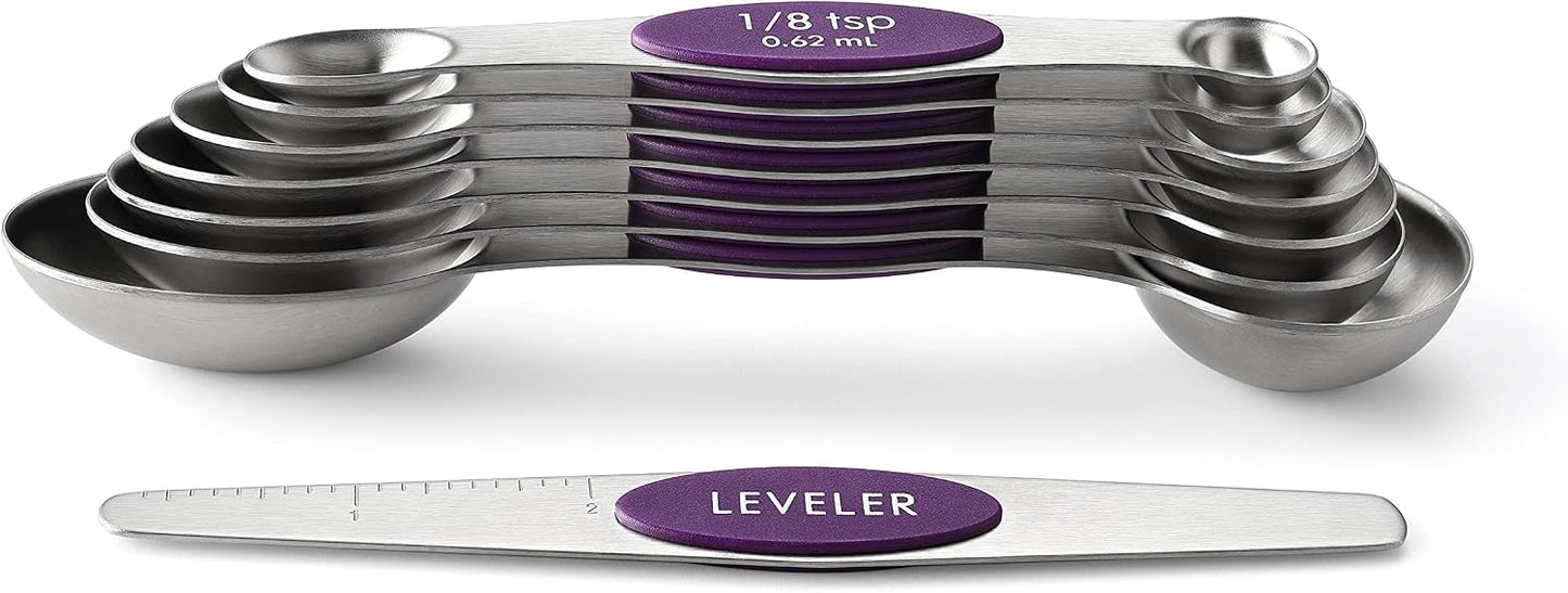 Spring Chef Stainless Steel Magnetic Measuring Spoons Set with Strong N45 Magnets, Heavy Duty Metal Kitchen Gadgets for Baking & Cooking, Fits in Most Kitchen Spice Jars, Set of 8 with Leveler, Black