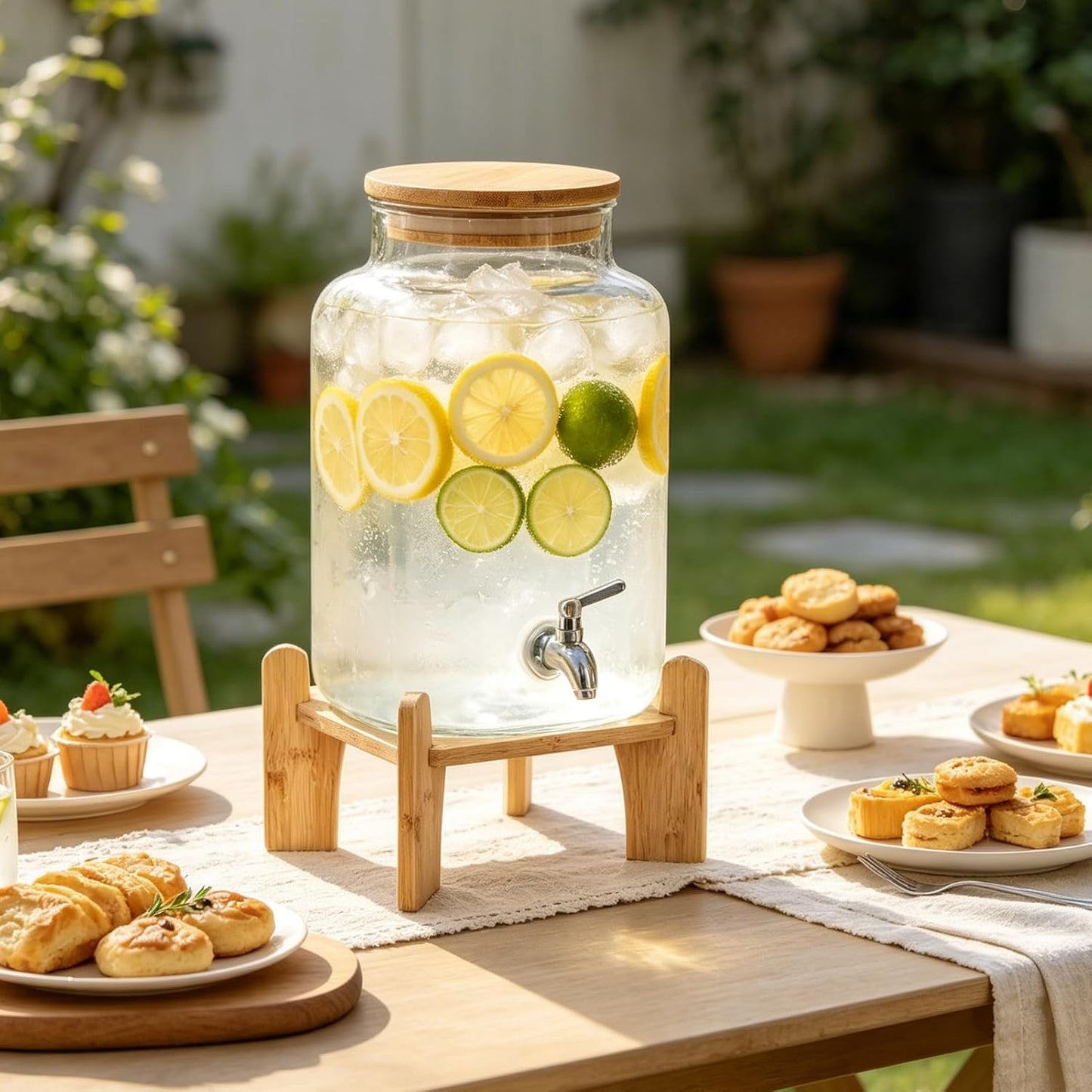 Natural Wooden Drink Dispenser Stand, Beverage Dispenser Stand and Water Jug Holder Glass Water Jugs Base for Families Parties and Catering Events, Fit Max 9.5 Inch Glass Water Pitcher
