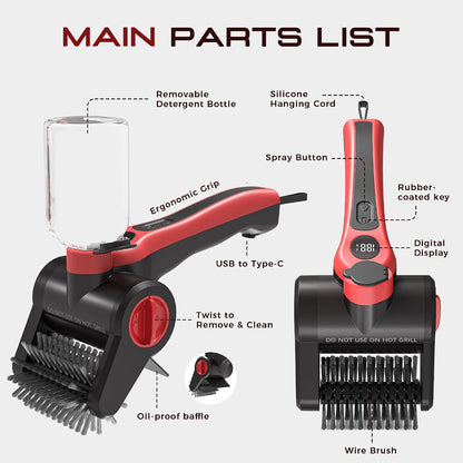 Electric Grill Brush, 100W High Power Cordless BBQ Cleaner with 300ml Water Spray Tank, IPX8 Waterproof Automatic Scrubber for Gas Charcoal Grills, 2-Speed Rechargeable Power Brush with Scraper