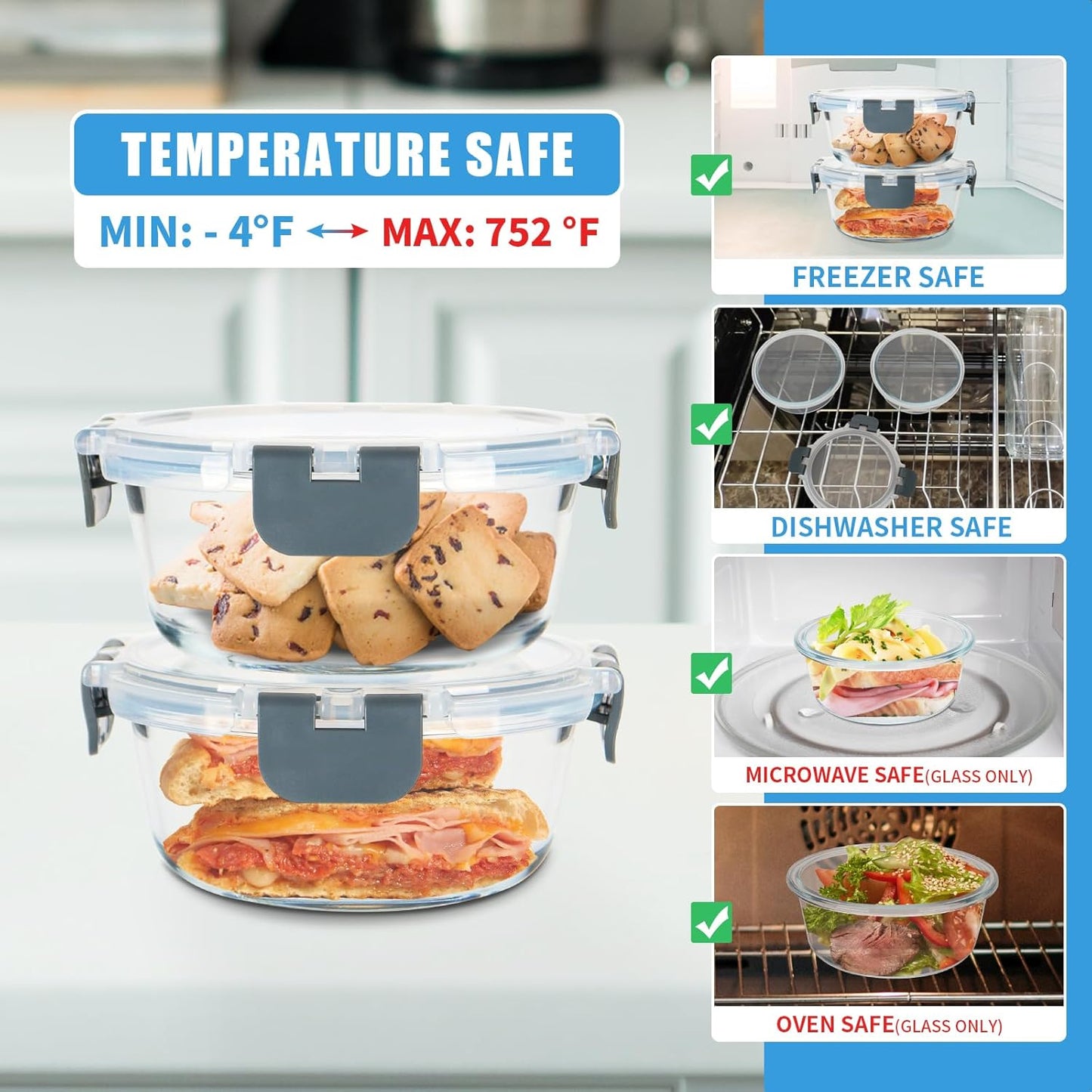 GULFLIN 12 Pack 22oz Glass Meal Prep Containers, Food Storage Containers with Lids, Air-Tight, Leak-Resistant, Freezer to Microwave Safe - Grey Set