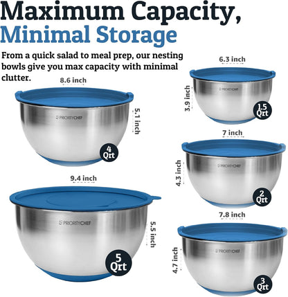 Priority Chef Stainless Steel Mixing Bowls with Lids Set, Metal Nesting Bowls with Airtight Lids, Graters, Non-Slip Base & Measurement Marks, Includes Utensil Set for Prep, Baking & Storage, Black