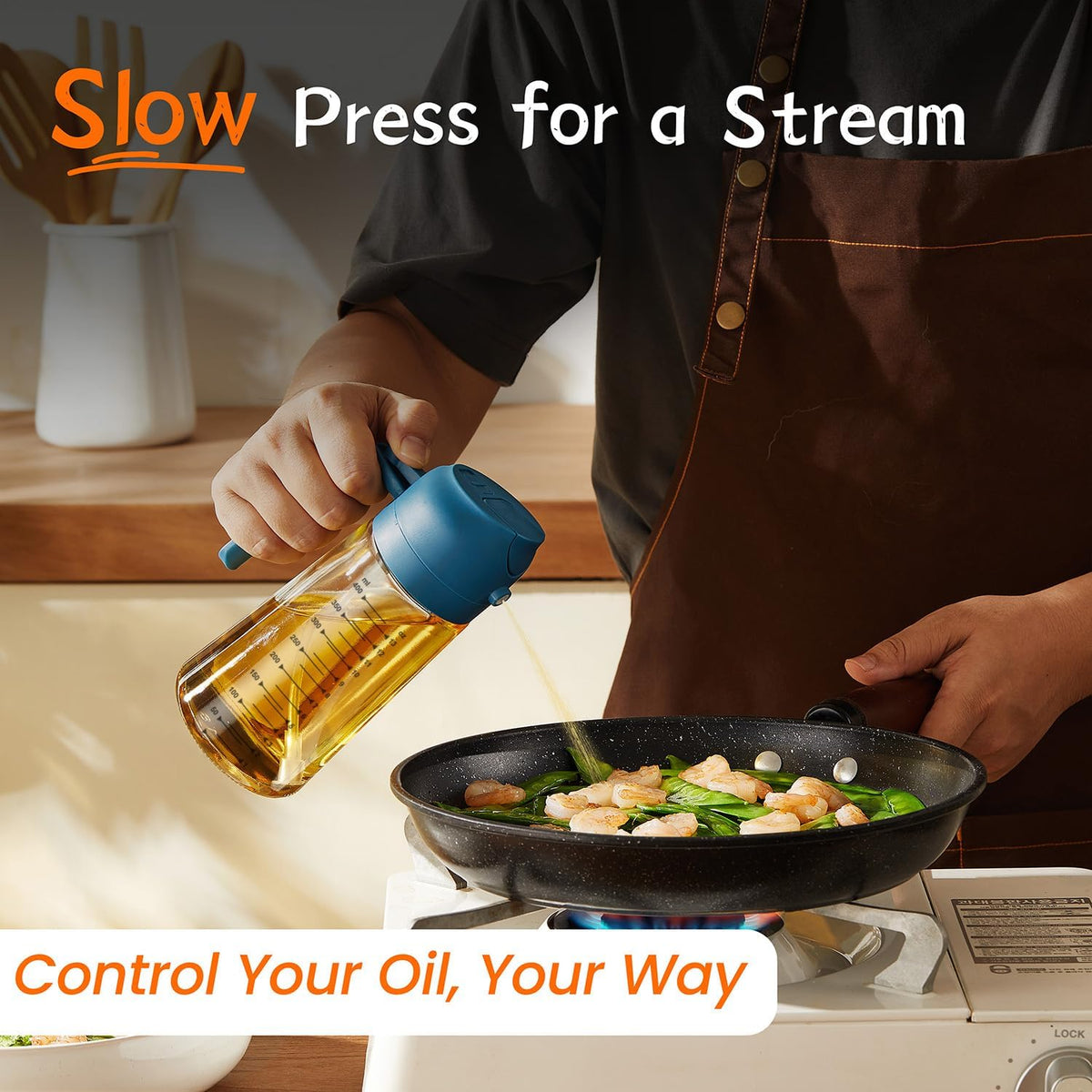 TrendPlain 16oz/470ml Glass Olive Oil Sprayer for Cooking – 2 in 1 Olive Oil Dispenser Bottle for Kitchen Gadgets and Air Fryer Accessories, Salad, BBQ - Black