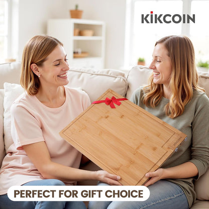 Kikcoin Bamboo Cutting Boards for Kitchen Set of 3, Extra Large Wood Cutting Board with Rotating Kickstand & Juice Groove, Wooden Chopping Board for Meats Veges Fruits, Heavy Duty Serving Tray