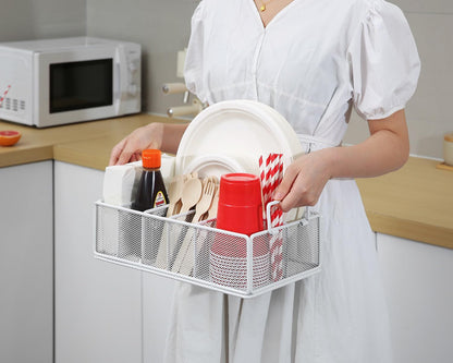 Paper Plate Dispenser with Handle, Metal Paper Plate Holders for Kitchen Counter, Utensil Holder Organizer with 6 Compartments, Silverware Holder Caddy for Cup Fork Spoon Napkin Party Camping