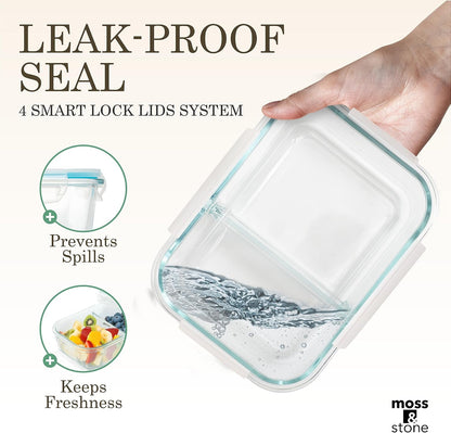 Moss and Stone Rectangular Borosilicate Glass Meal Food Containers - Prep Food Storage Containers Airtight - Snap Locking Lids – Microwave, Oven, Freezer, Dishwasher Safe – with 2 Compartment 2 Pack