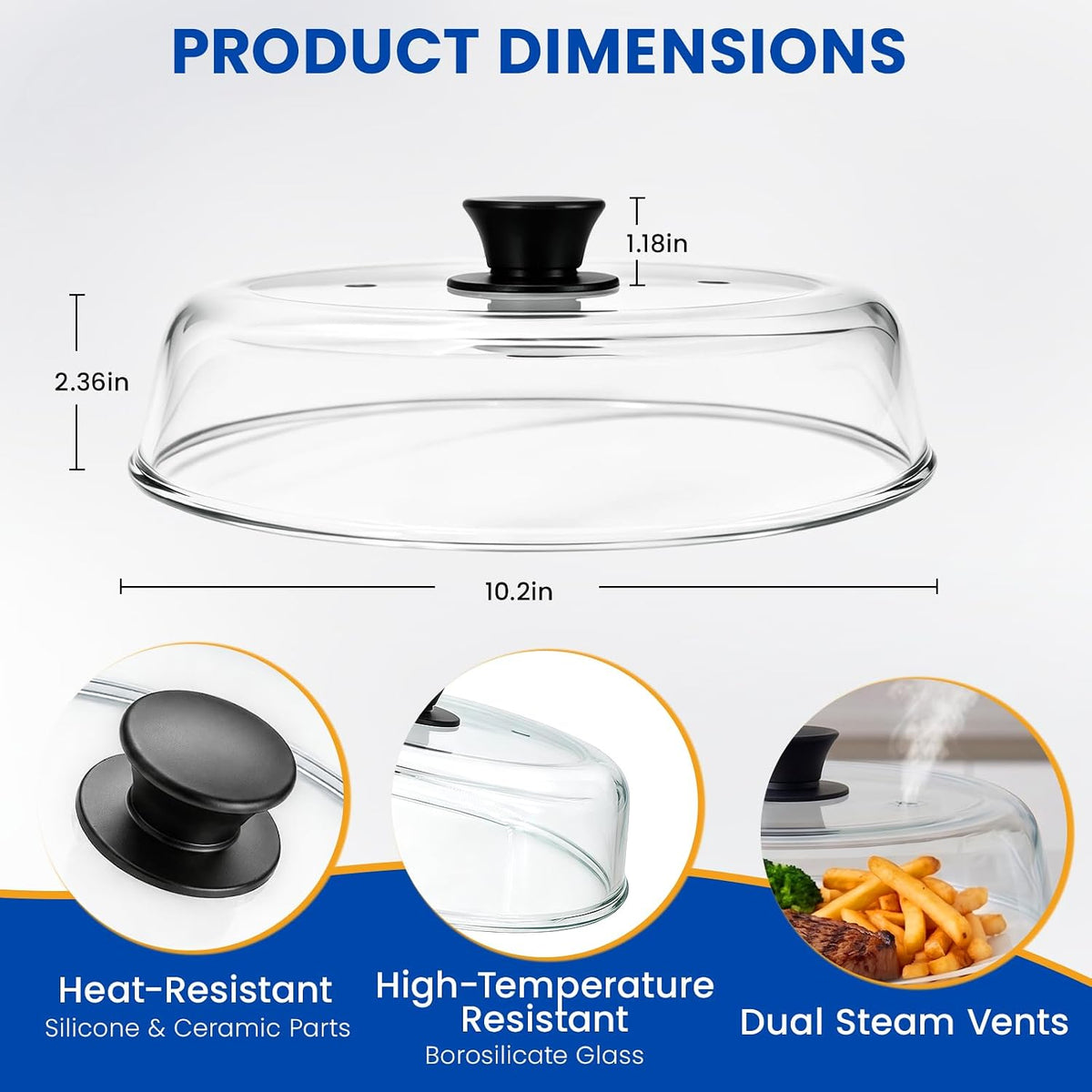 10 inch Glass Microwave Splatter Cover for Food, Plate Splatter Guard Lid, Microwave Food Cover with Vent Hole, BPA Free, Food Grade, No Plastic, Easy Grip Silicone Handle Knob, Dishwasher Safe