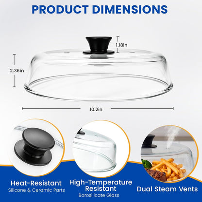 10 inch Glass Microwave Splatter Cover for Food, Plate Splatter Guard Lid, Microwave Food Cover with Vent Hole, BPA Free, Food Grade, No Plastic, Easy Grip Silicone Handle Knob, Dishwasher Safe