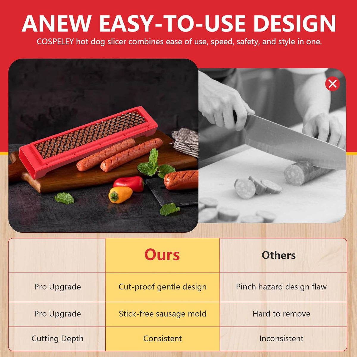 Hot Dog Cutter Tool - Pop-Out Hot Dog Slicer Criss Cross, Stainless Steel Blades, Suitable for Kitchen, Grilling, Tailgating, Camping and Backyard Outdoor BBQ - 11 Inch - Red
