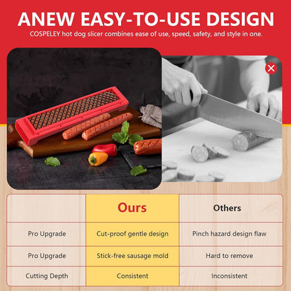 Hot Dog Cutter Tool - Pop-Out Hot Dog Slicer Criss Cross, Stainless Steel Blades, Suitable for Kitchen, Grilling, Tailgating, Camping and Backyard Outdoor BBQ - 11 Inch - Red