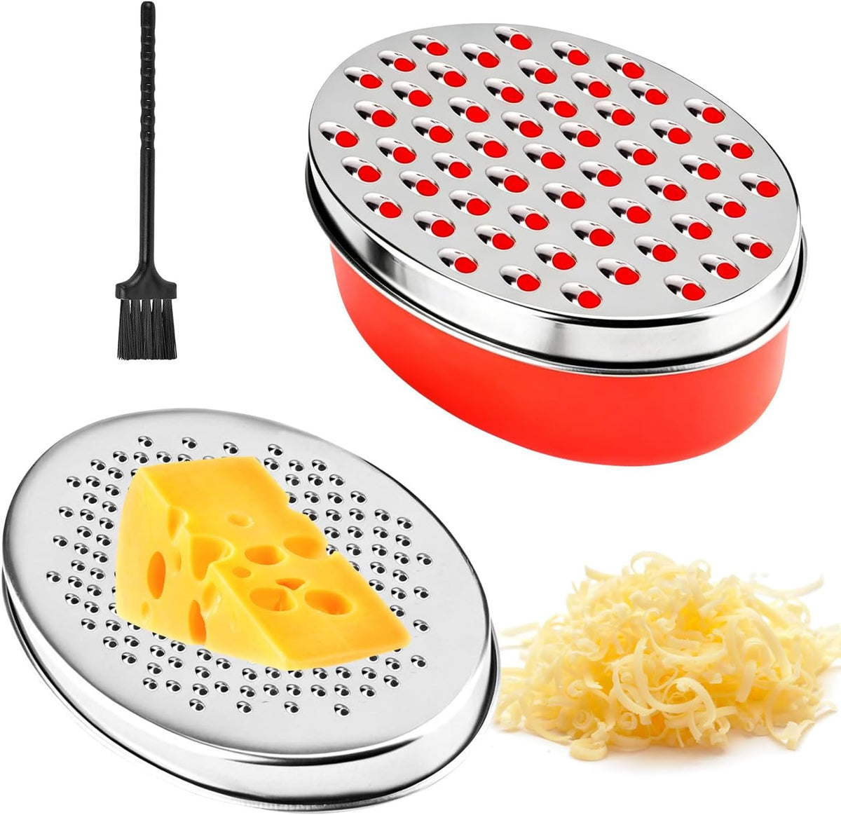 Cheese Grater with Container, Red Stainless Steel, Fine and Coarse Blades, Food Storage Box with Lid, for Parmesan, Cheddar, Ginger, Vegetables, Chocolate, Nutmeg