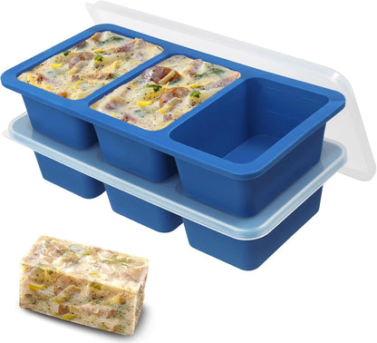 Koluti 2-Pack Nonstick Silicone 3 Soup Freezer Mold, 1-Cup Large Sauce Ice Tray with Plastic Lid, Stackable Freezing Maker Meal Prep Food Storage Container, Dishwasher Safe & BPA Free