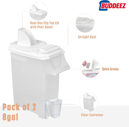 Buddeez Pet Food Storage Dispensers Plastic 4 Gallon - Airtight Flip Top for Freshness - Dry Dog Food, Cat Food or Bird Seed Plastic Containers (Set of 2)