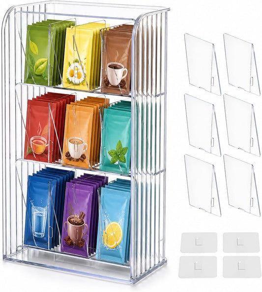 Drink Packet Organizer, 9-Compartment Water Flavor Packet Holder with Removable Dividers, Adjustable Tea Bag and Sugar Packet Storage Bin with Adhesive Stickers for Pantry, Fridge, Cabinet
