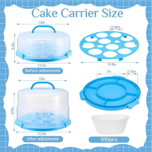 Teenyyou 12 Inch Large Cake Carrier with Lid and Handle for 12" Round 7" High Cake Adjustable Plastic Pies Carrier Portable Cupcakes Transport Container for Cookies Pizza and More(Pink)
