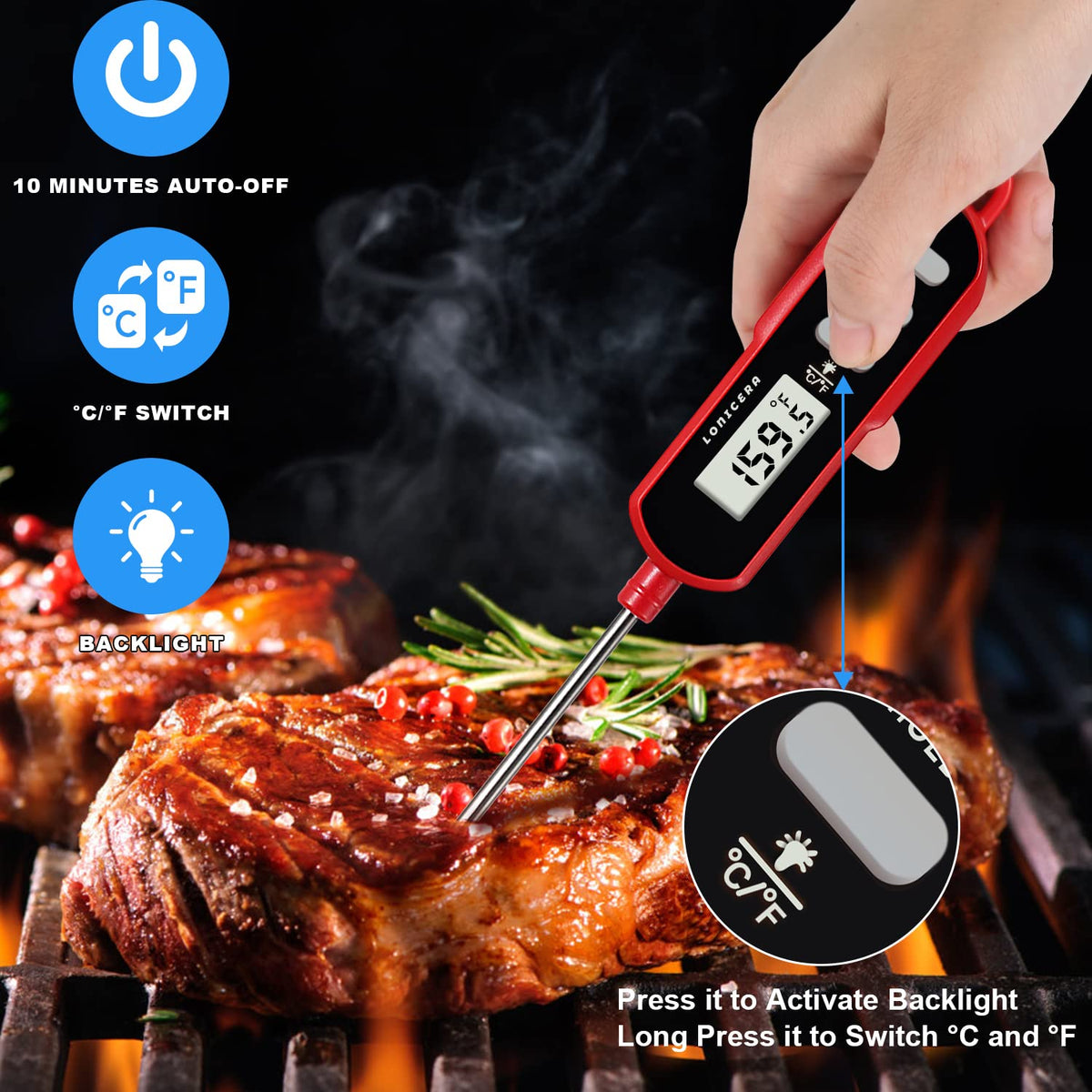 LONICERA Digital Candy Thermometer with Pot Clip, 11-Inch Probe, Red