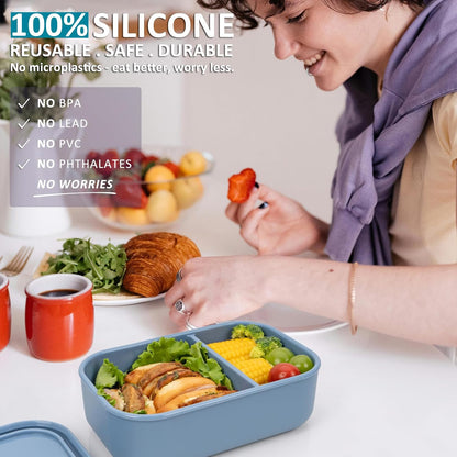 Silicone Bento Box Adult Lunch Container, 3 Compartment Container, Food Grade Silicone Bento Lunch Box for Work Travel Meal Prep, Leak-proof Food Storage Container（1 Pack Nile Blue）