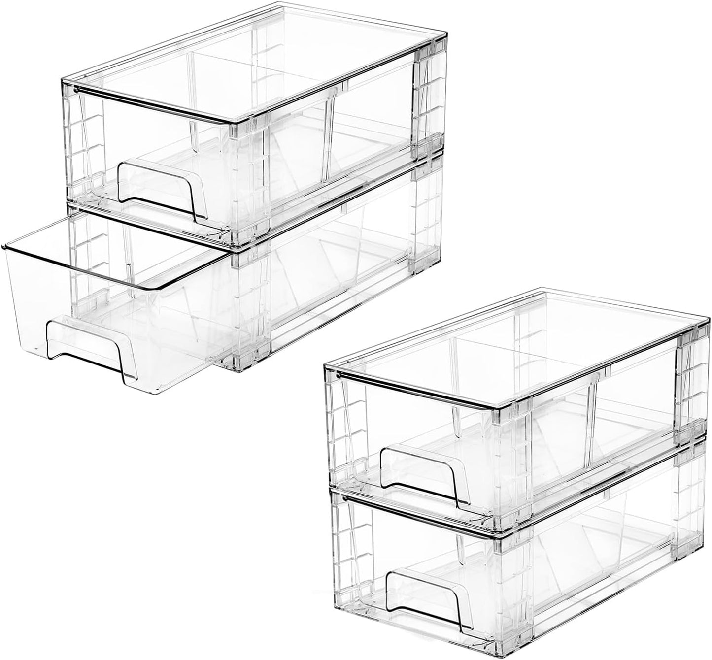 4 Pack Stackable Storage Drawers, Bathroom & Undersink Organizer with Removable Dividers - Acrylic Drawer Organizers with Handles for Fridge, Kitchen Cabinet, Pantry Storage